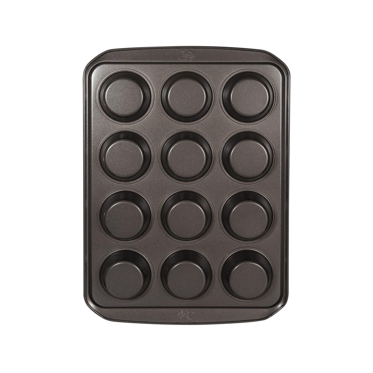 12-cup muffin pan with dark nonstick finish and 12 round wells