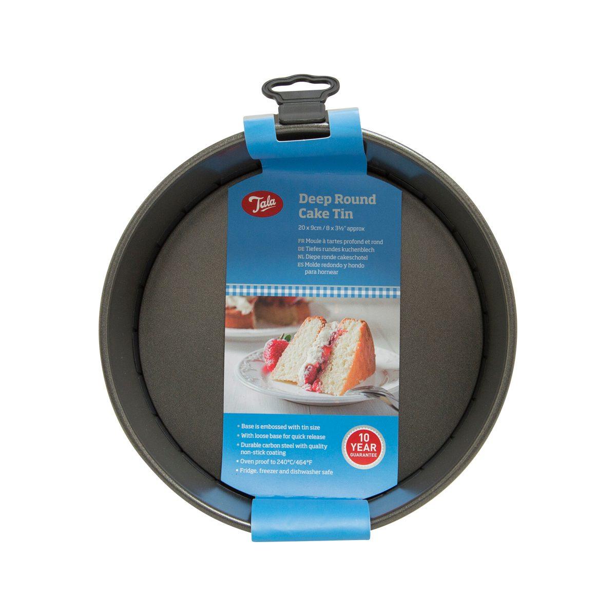 Deep round cake tin with loose base, 20cm, dark nonstick finish, blue carrying strap