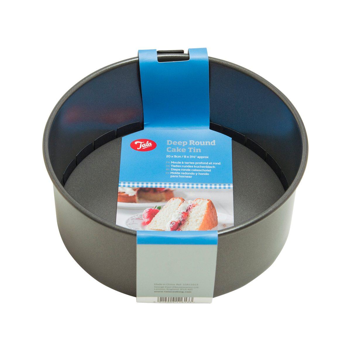 Deep round cake tin with loose base, 20cm, dark nonstick finish, blue strap on box