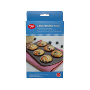Mini 6-cup muffin pan set, two nonstick trays in blue retail box