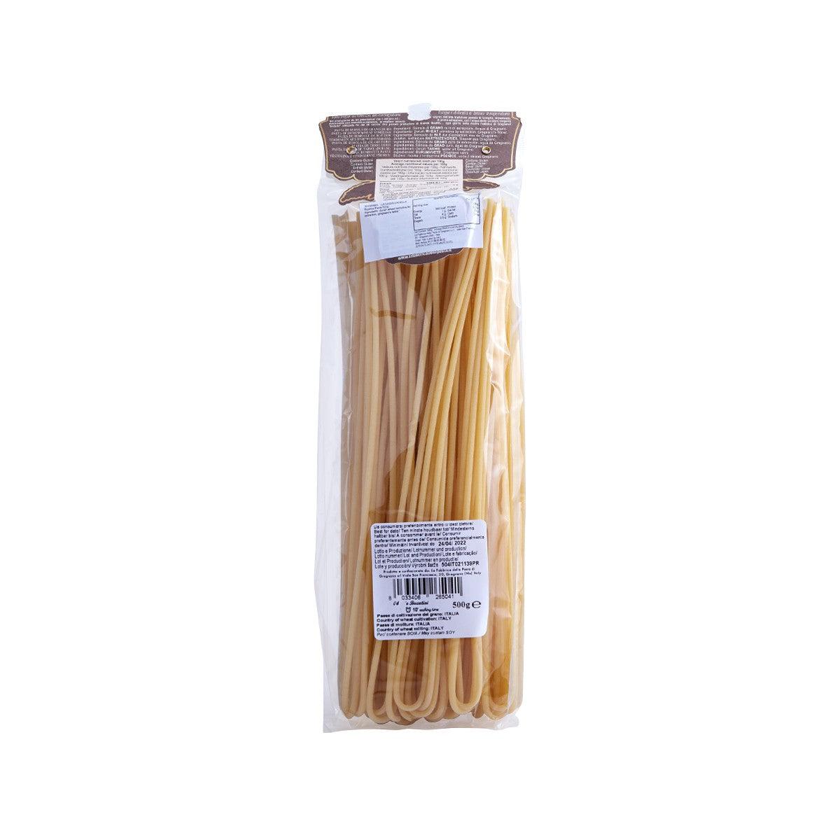 Artisanal bucatini pasta 500g, back label on clear plastic bag of dry pasta.