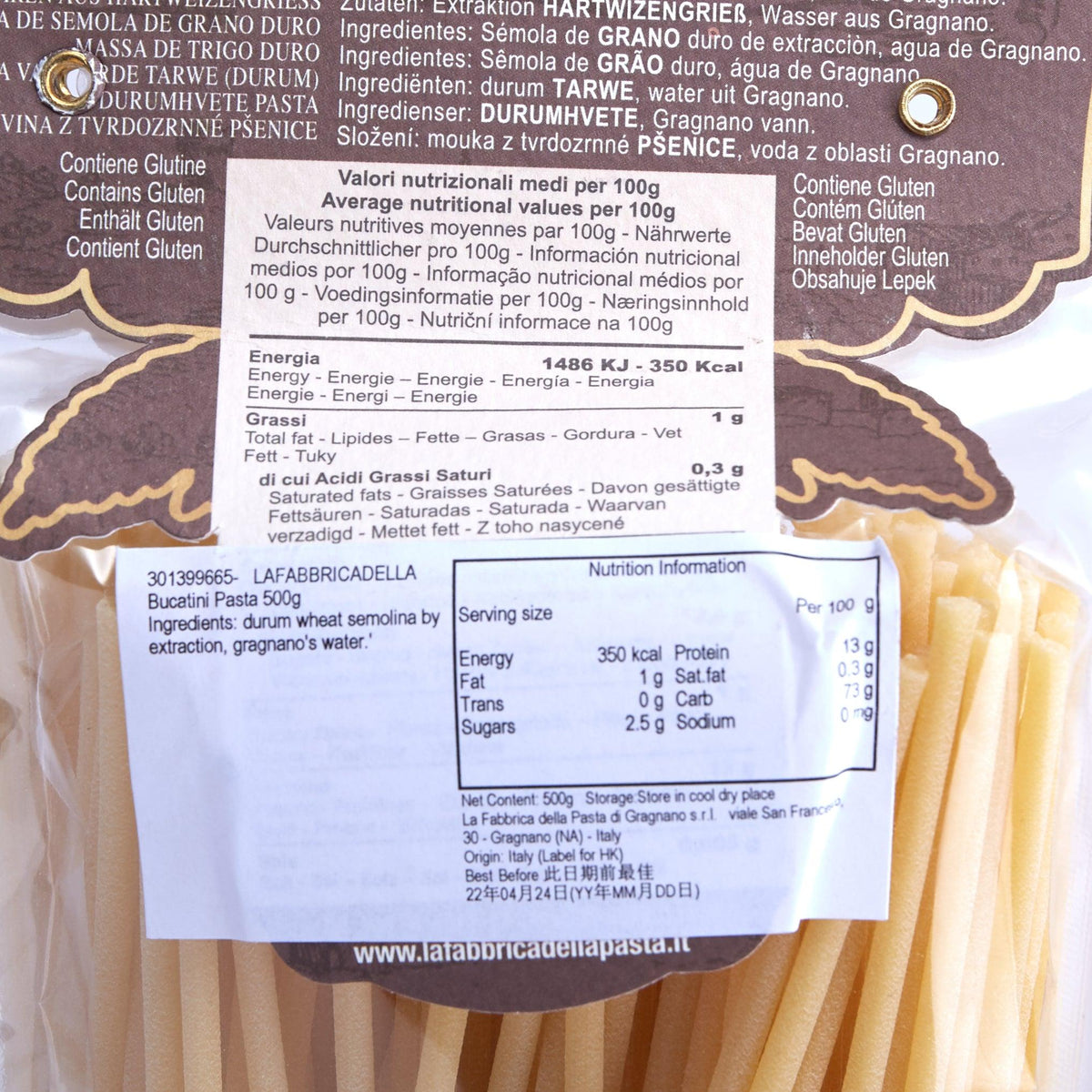 Artisanal bucatini pasta 500g, close-up ingredients and nutrition label on bag.