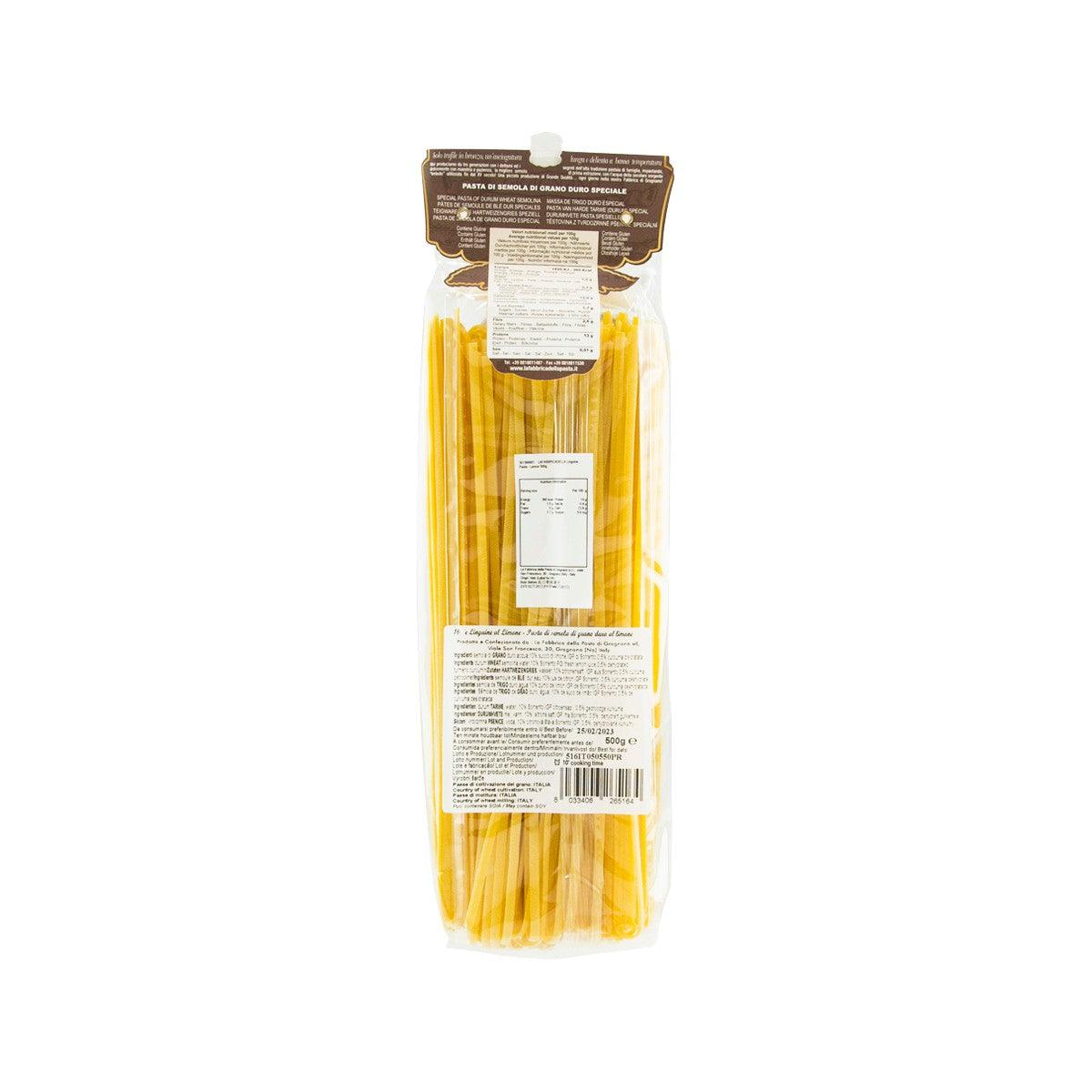 Lemon linguine pasta 500g, back label on clear bag