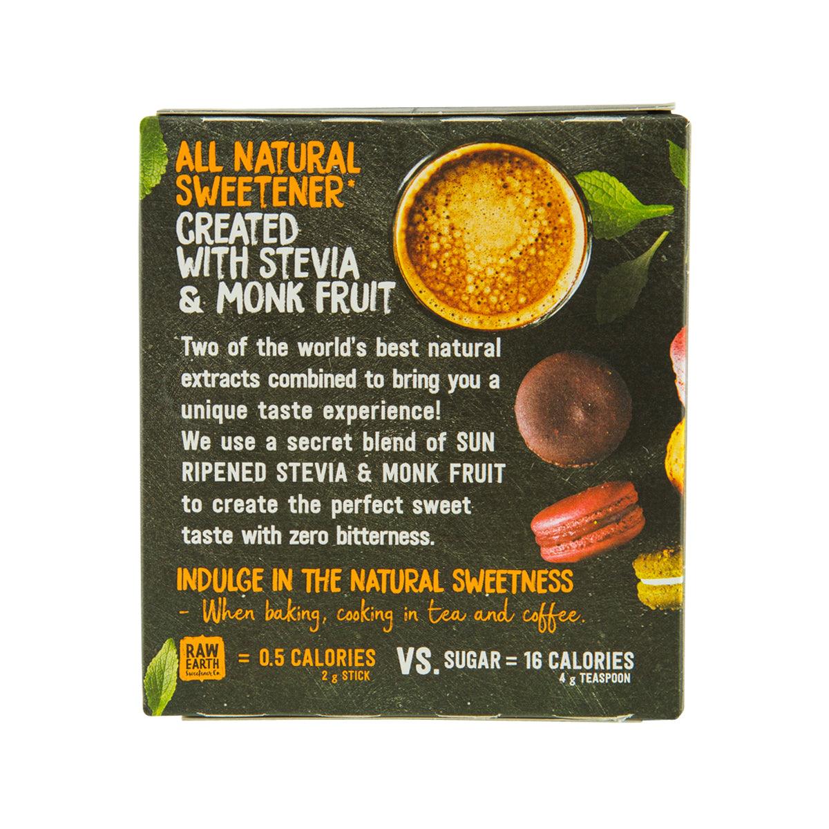 Raw Earth sweetener sticks box, back panel with blend and comparison graphics