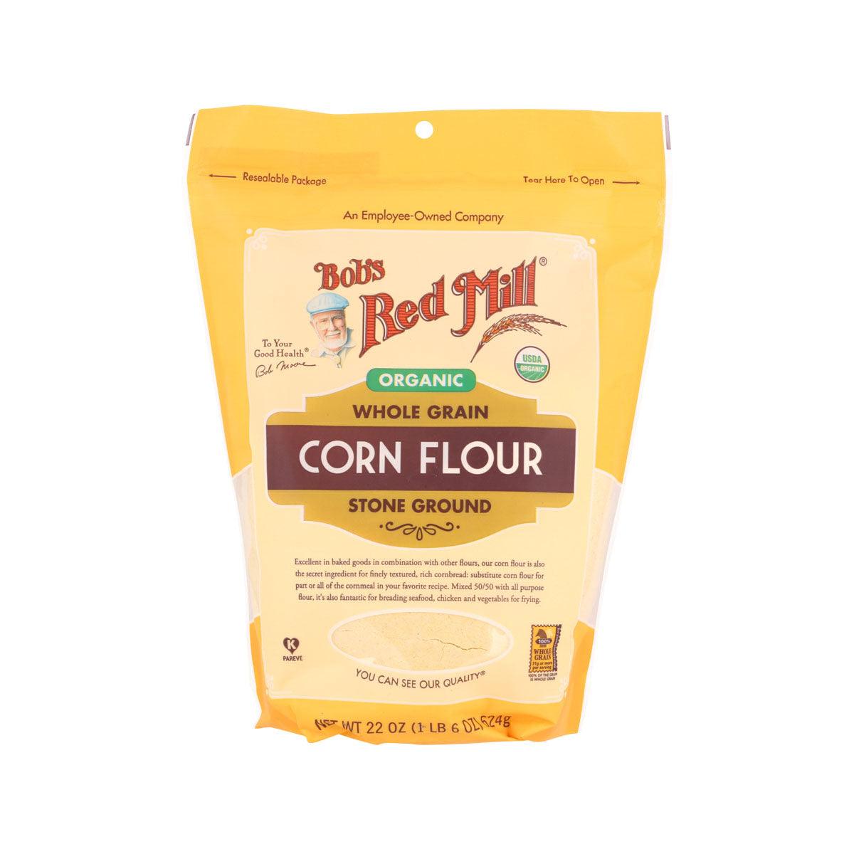 BOB'S Red Mill organic whole grain corn flour pouch, stone ground, yellow bag