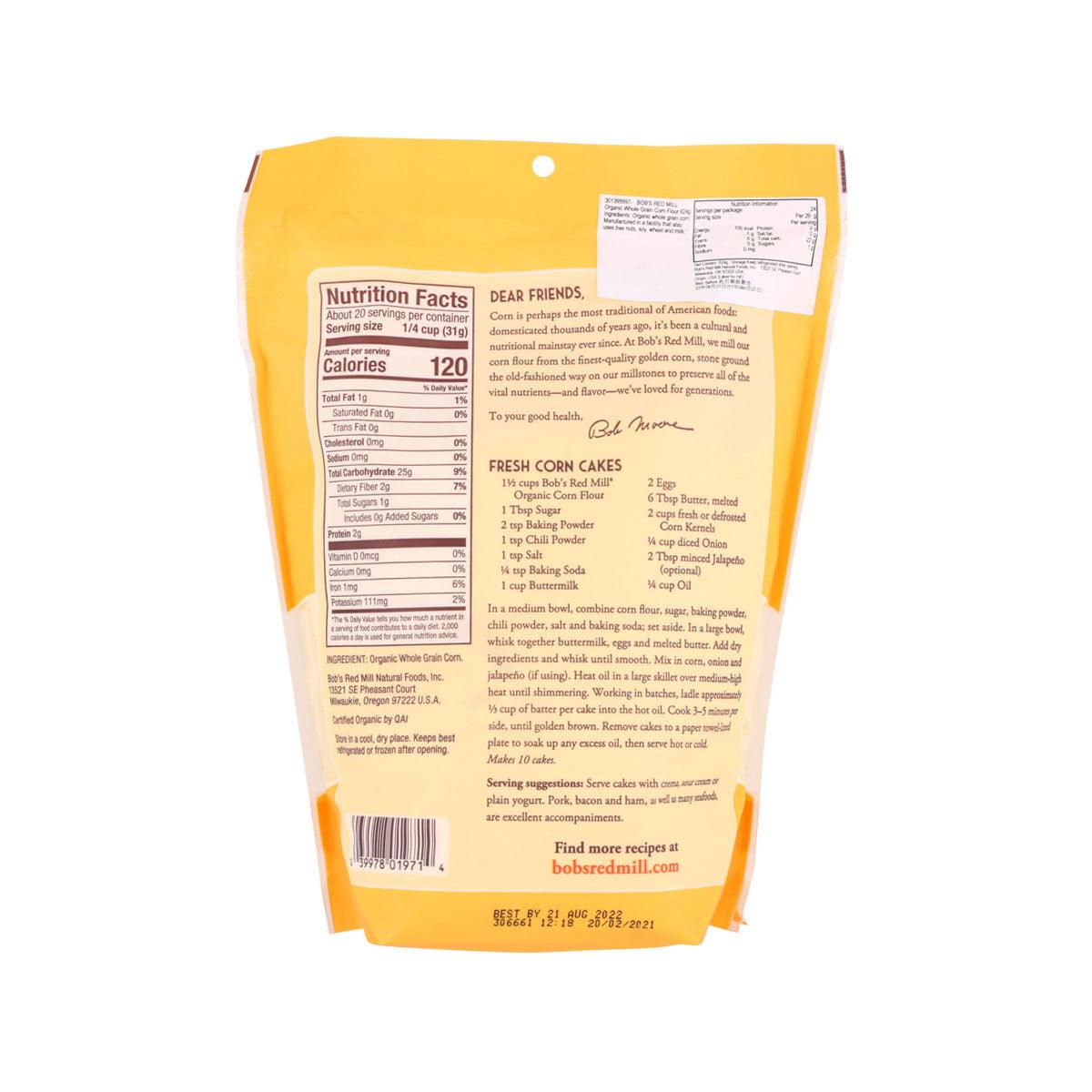 BOB'S Red Mill corn flour pouch back with Nutrition Facts panel and serving info