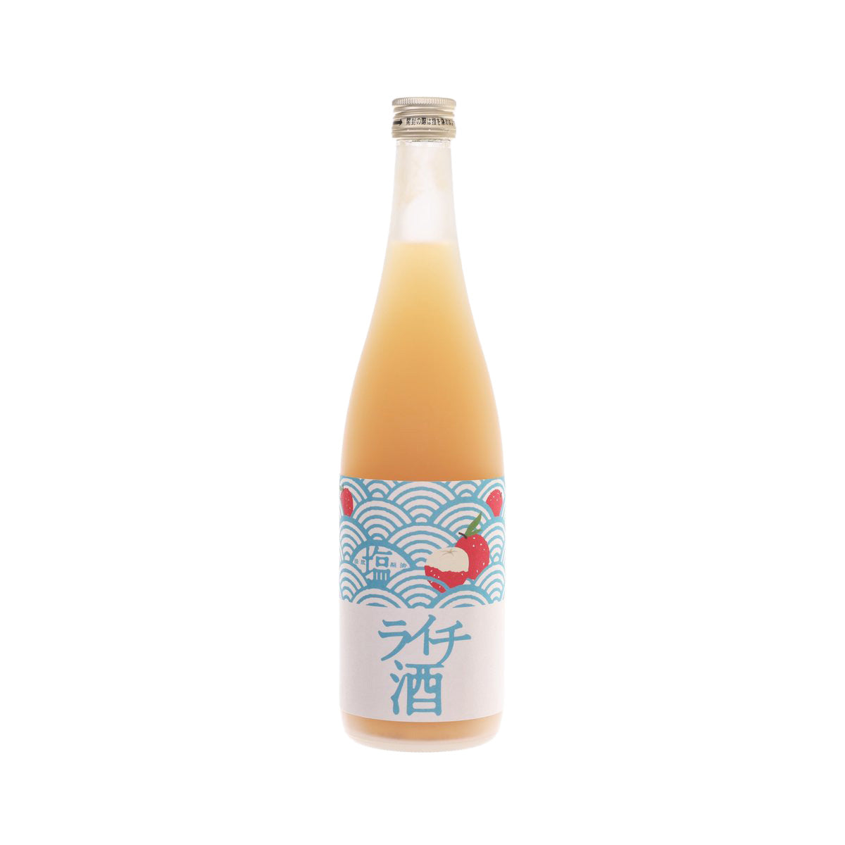 KITAJIMA lychee liqueur bottle with amber liquid and colorful label, glass with cap