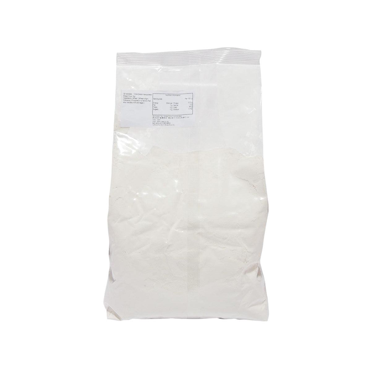 TOMIZAWA bread flour bag, back view with ingredient and nutrition panel, white pouch