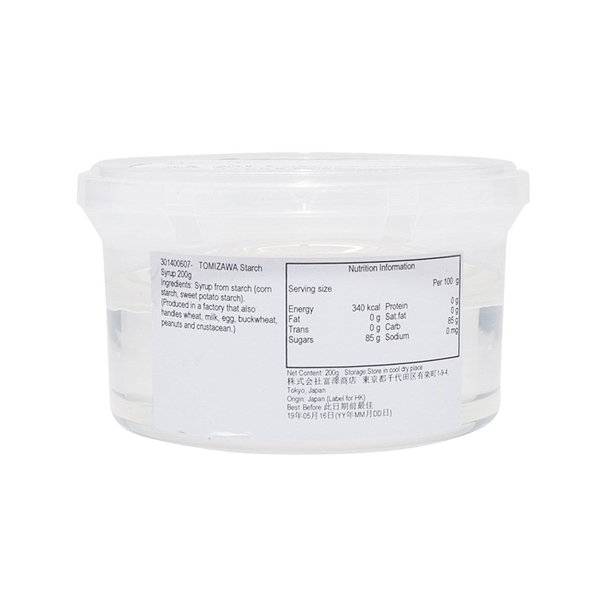 Plastic tub of TOMIZAWA starch syrup, 200g, showing serving and nutrition panel
