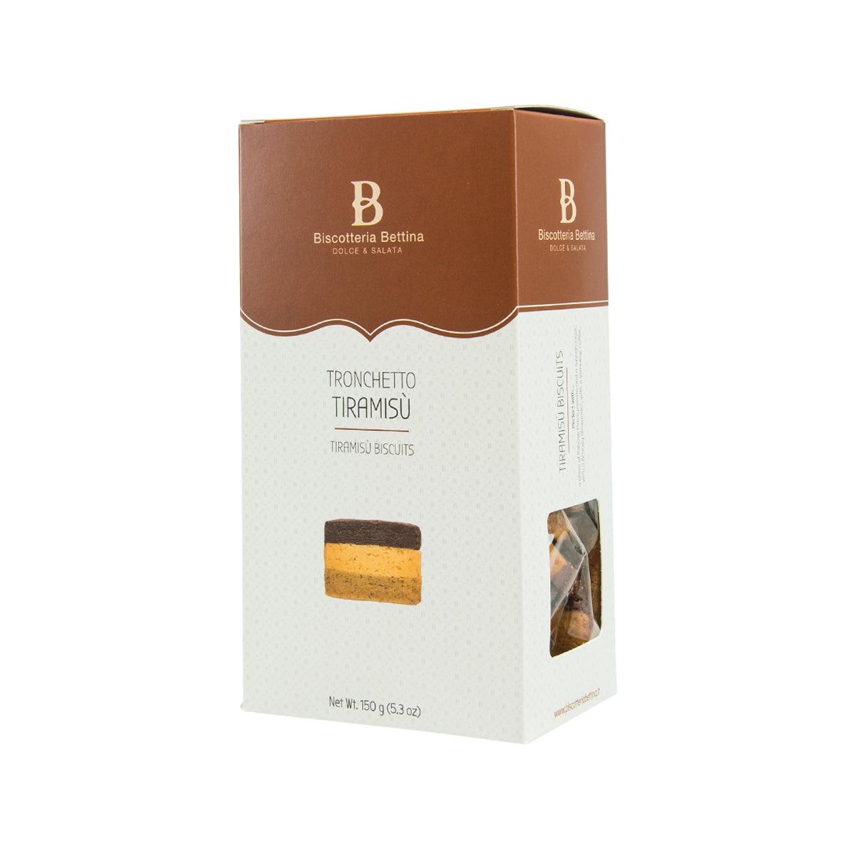 Biscotteria Bettina Tiramisu biscuits box, side view with nutrition-window panel