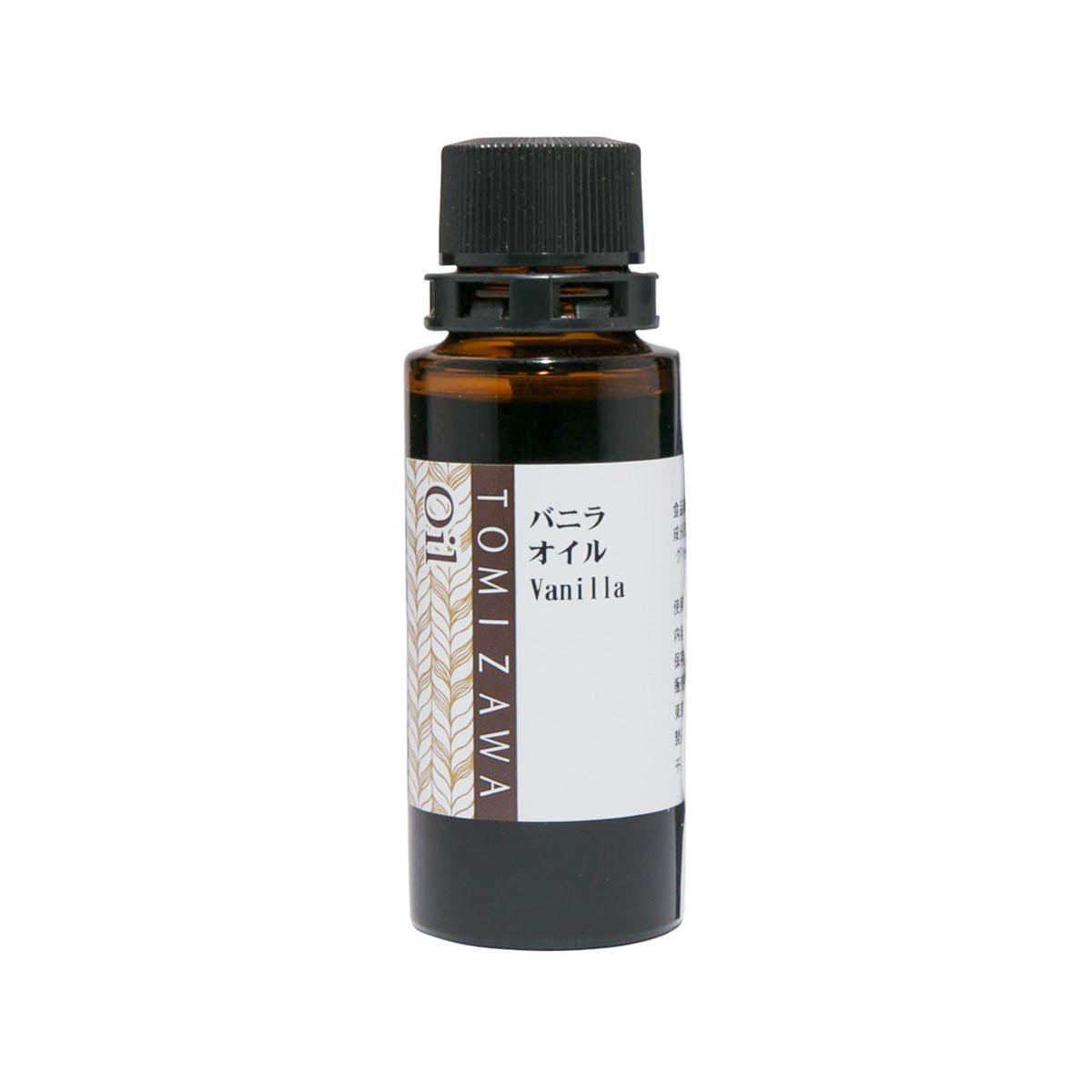 TOMIZAWA vanilla flavoring oil bottle, amber glass, black cap, front label