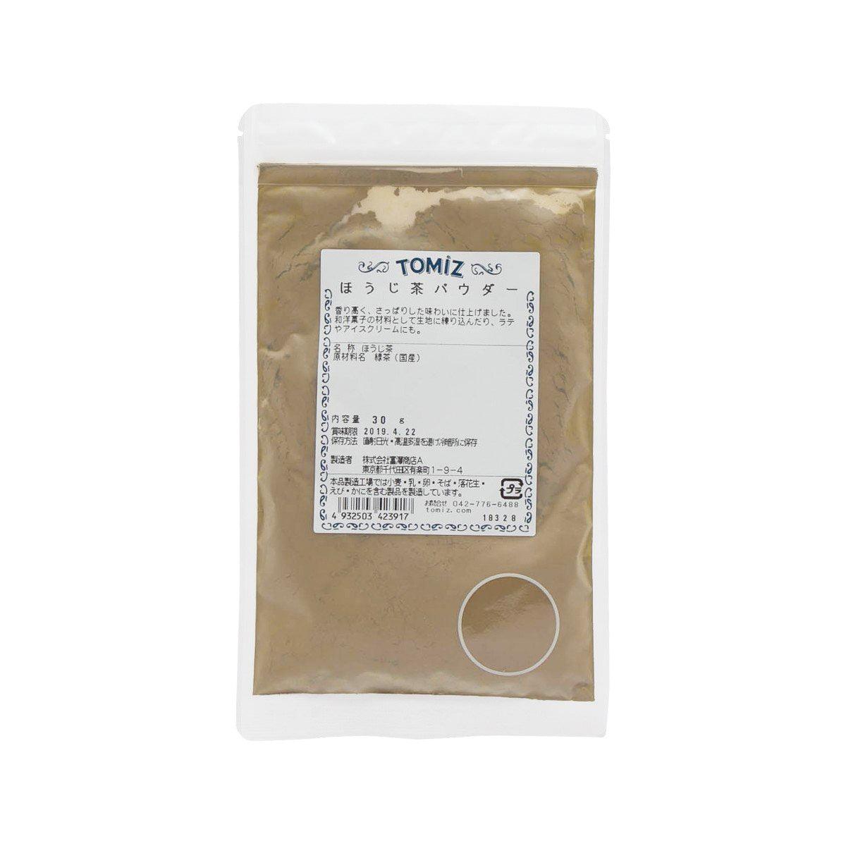 TOMIZAWA hojicha powder pouch, 30g, resealable plastic bag with front label