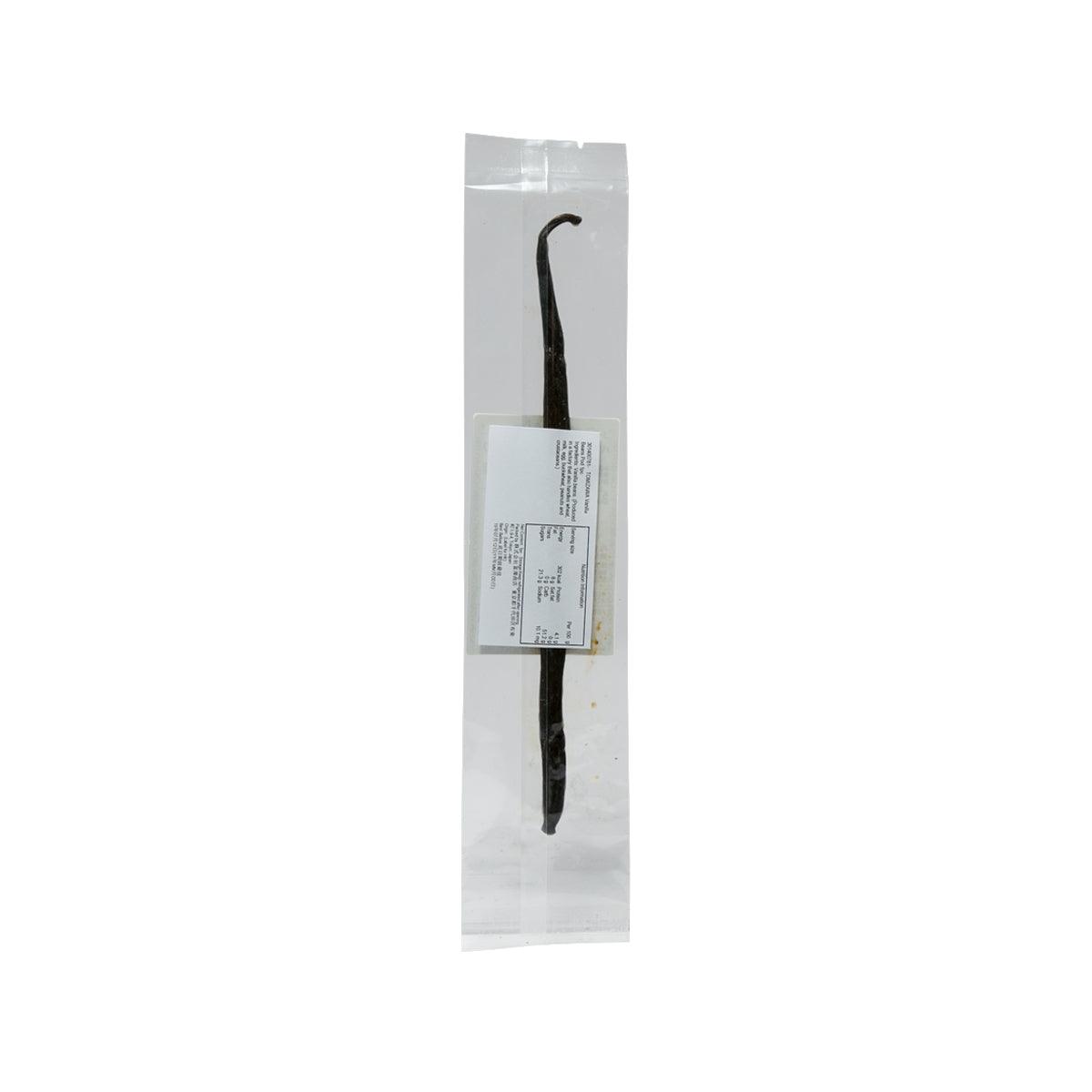 Vanilla bean pod in clear pouch with barcode label on the front