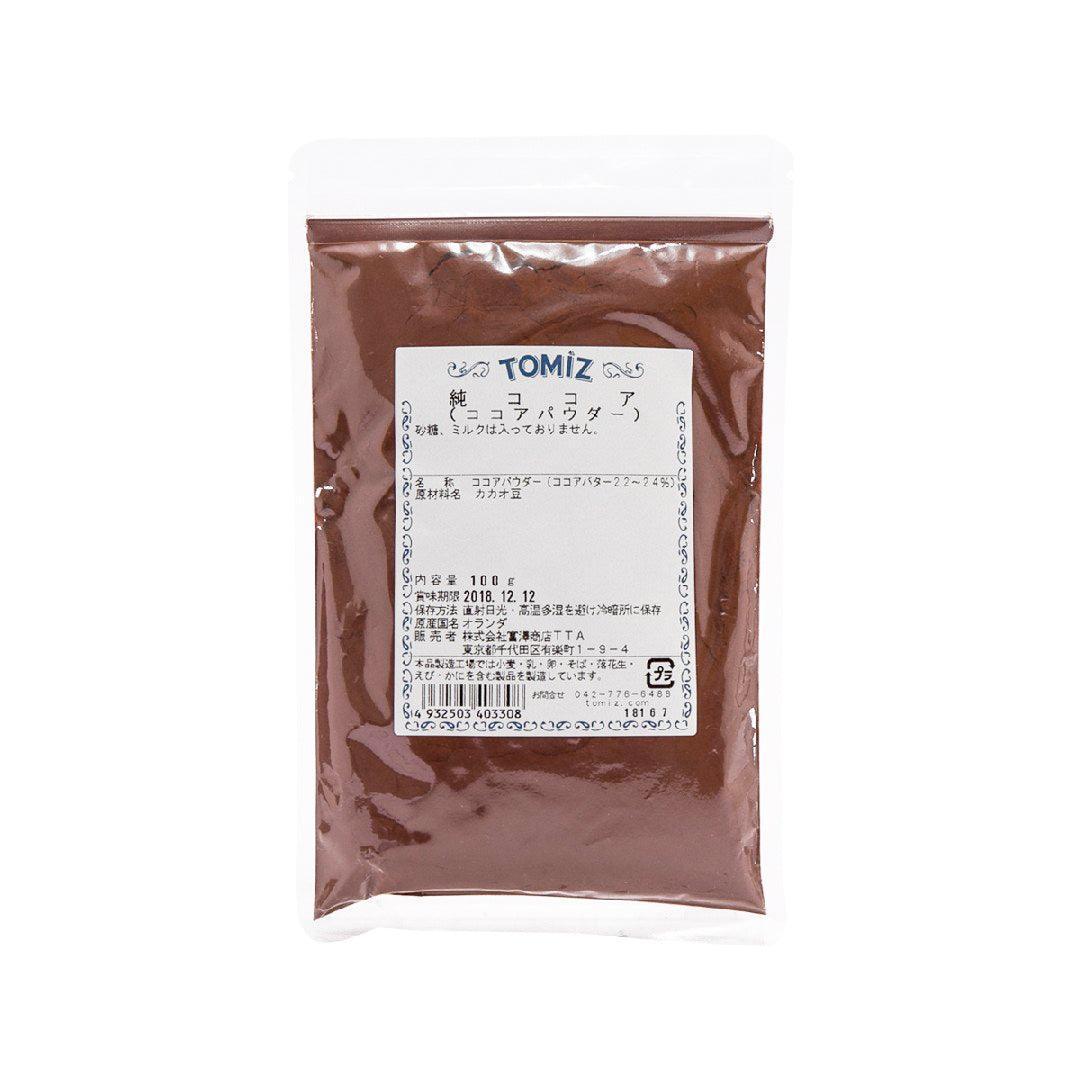 TOMIZAWA pure cocoa powder 100g pouch, front label on brown foil bag
