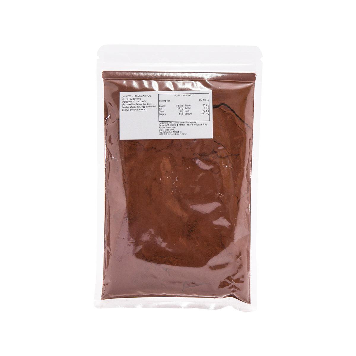 TOMIZAWA pure cocoa powder 100g pouch, back label on brown foil bag