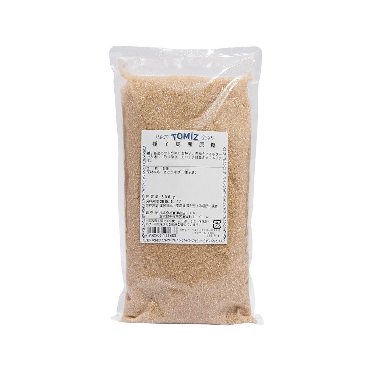Unrefined sugar pouch (500g) by TOMIZAWA, front label, light brown granules