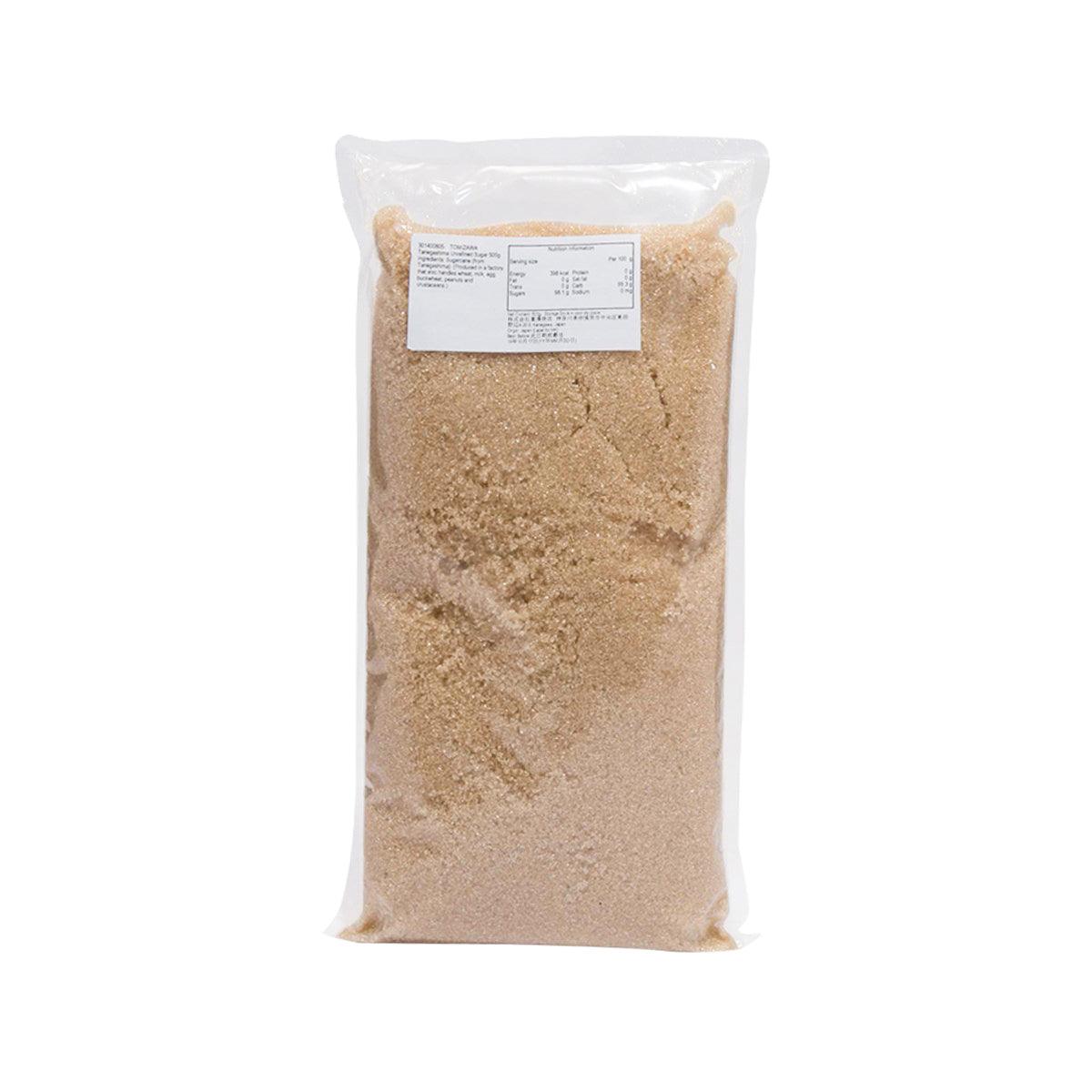 Unrefined sugar pouch (500g) by TOMIZAWA, back label, light brown granules