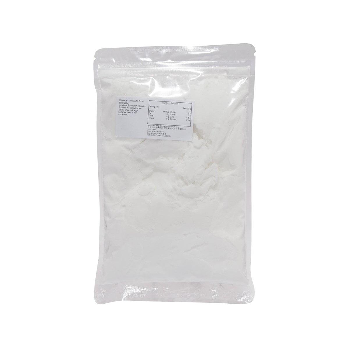 TOMIZAWA potato starch bag with white powder, back label visible.