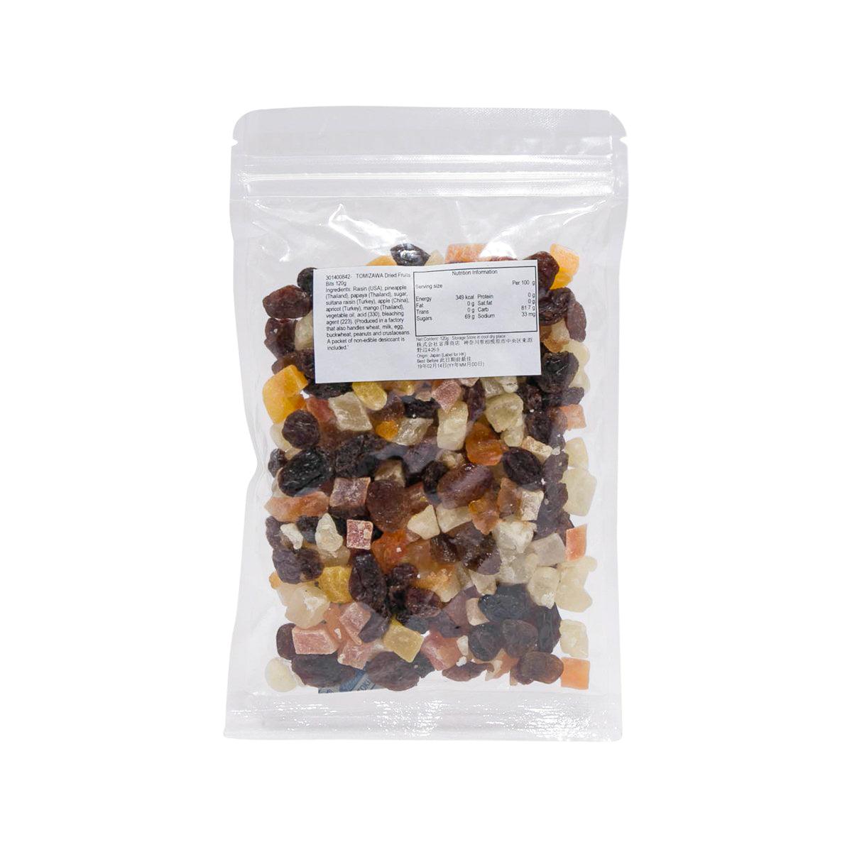 TOMIZAWA dried fruit bits in clear pouch, assorted brown, orange, and pale pieces