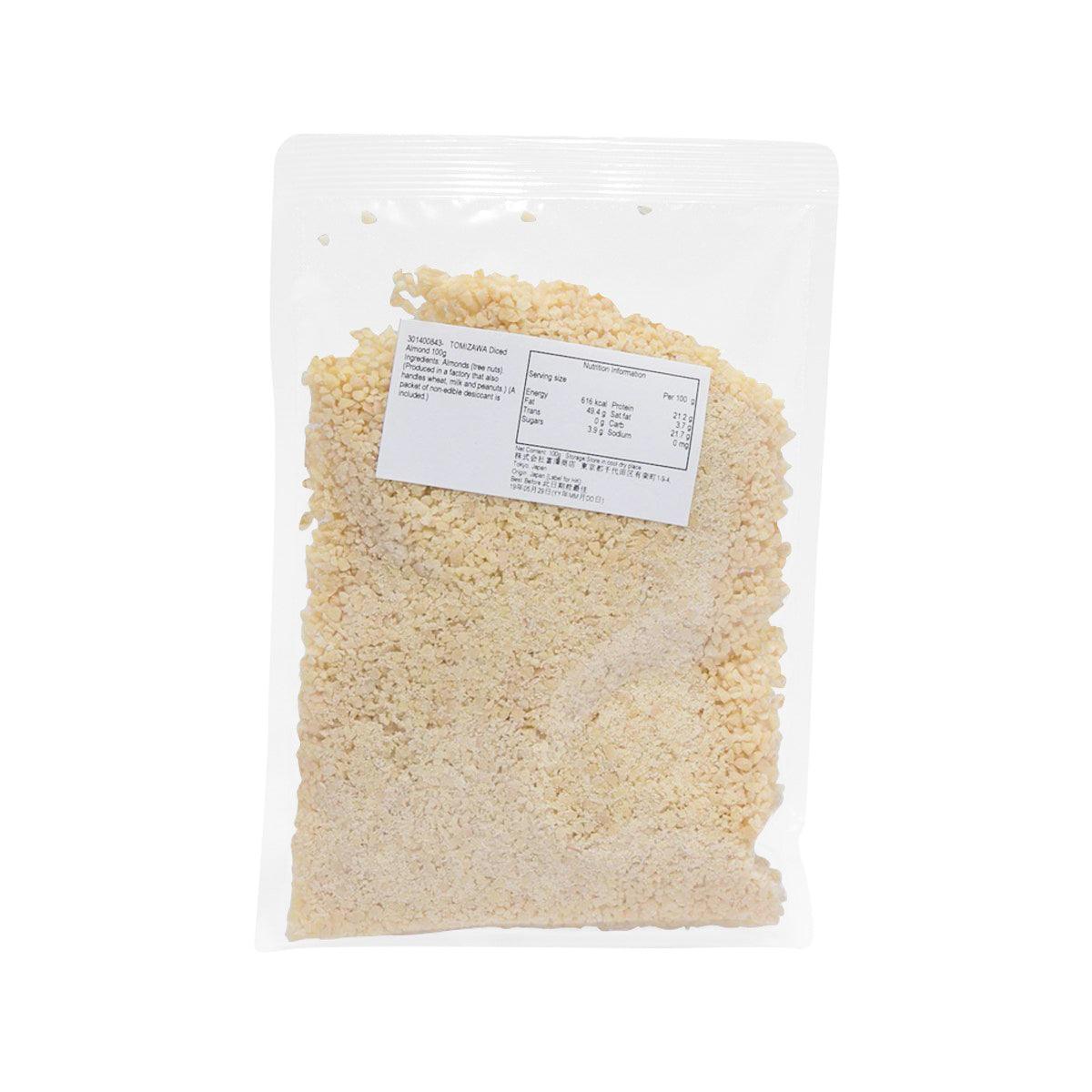 100g diced almond pieces in sealed clear bag with nutrition label