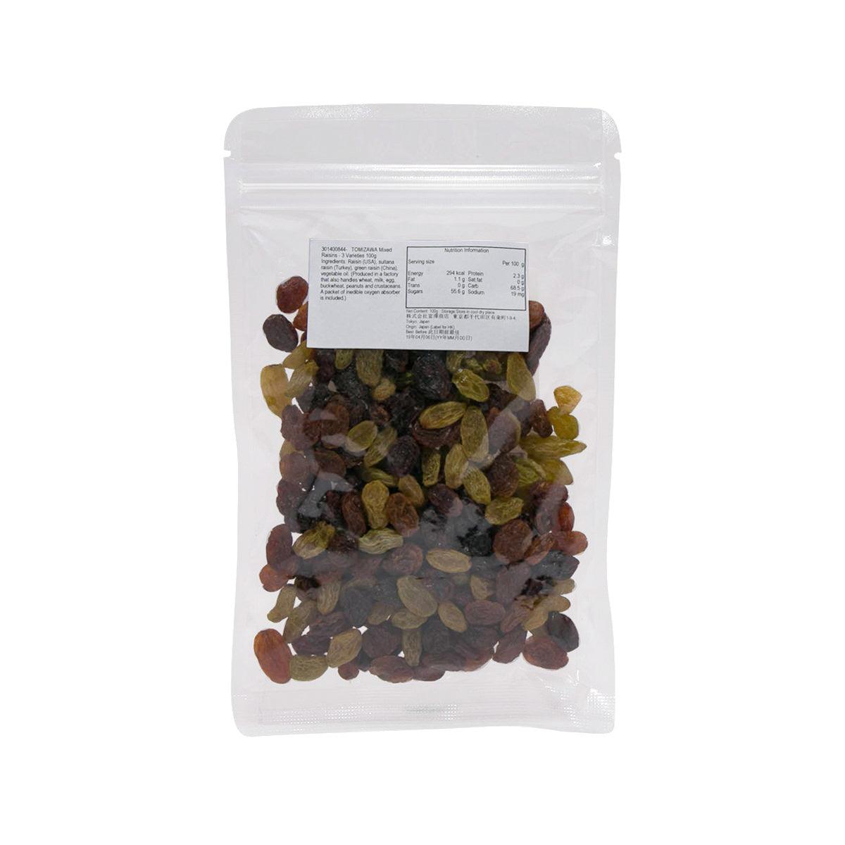 Resealable stand-up pouch of mixed raisins, 3 varieties, 100g, with back label