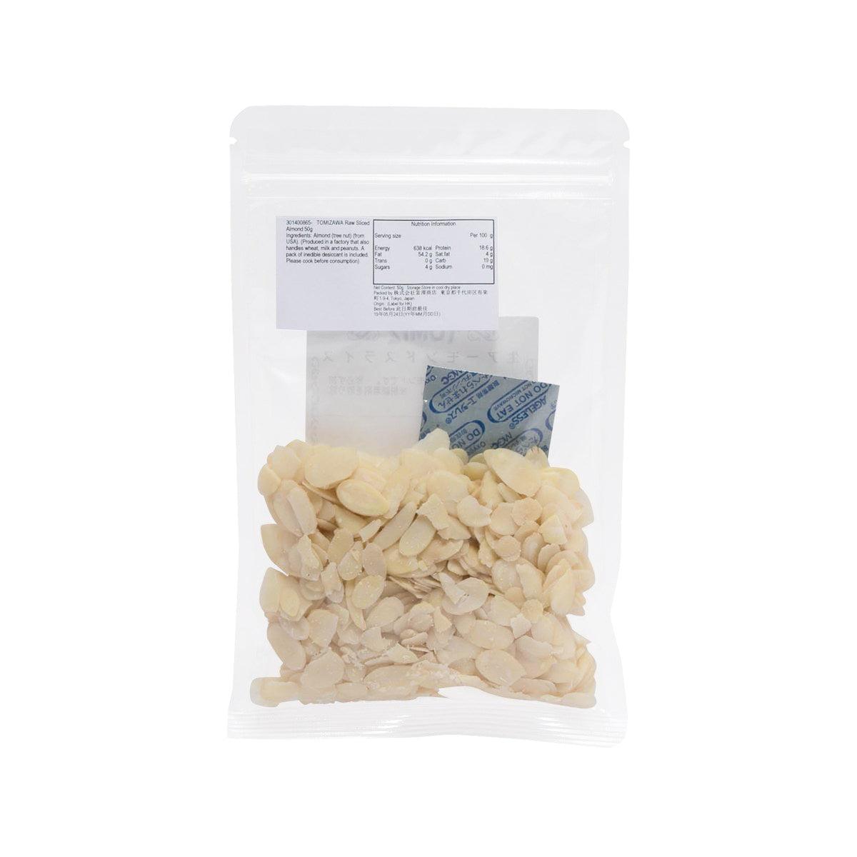 Raw sliced almonds in clear plastic pouch, label side visible