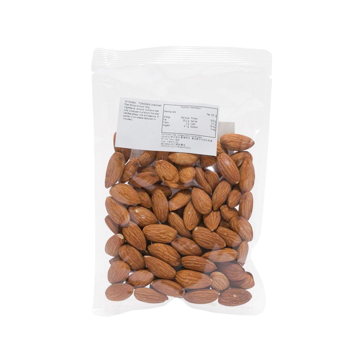 TOMIZAWA raw whole unskinned almonds in clear bag with nutrition label