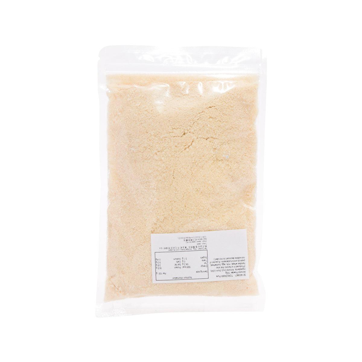 Pure almond powder in clear resealable pouch, back label area shown (100 g)