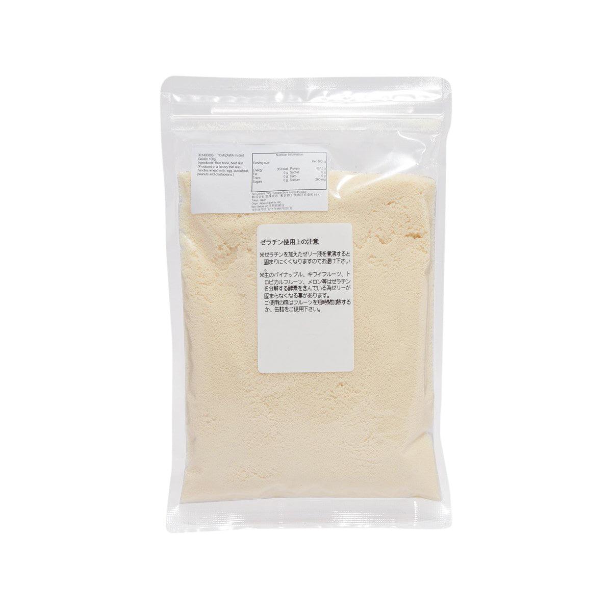 Instant gelatin powder, beige resealable pouch, back label and ingredient panel