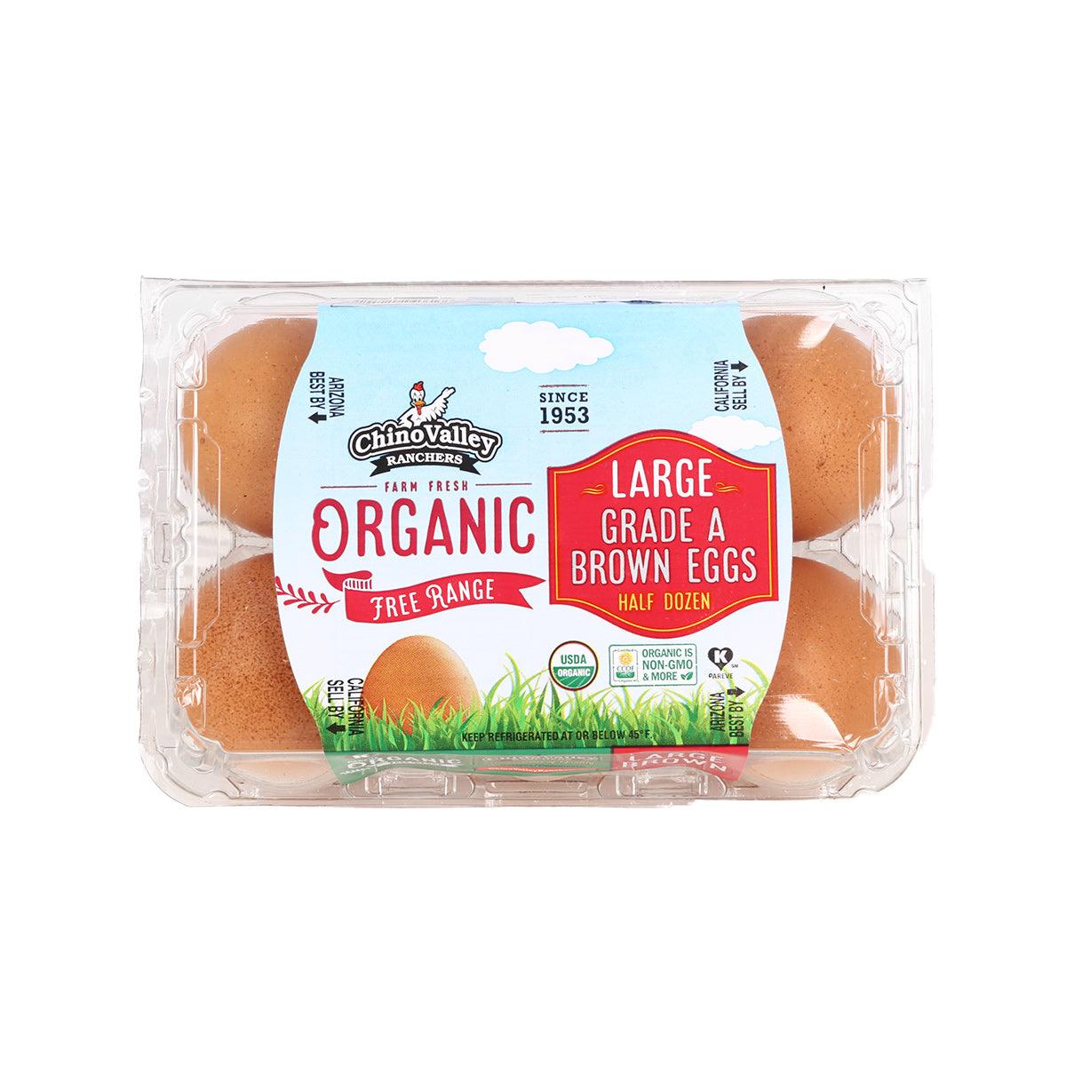 Organic free-range large brown eggs in clear carton, 6-count pack