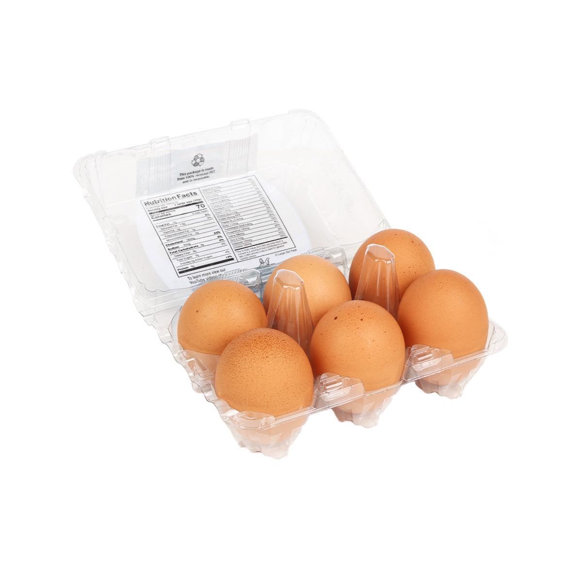 Large brown eggs in clear plastic tray pack, 6-count serving