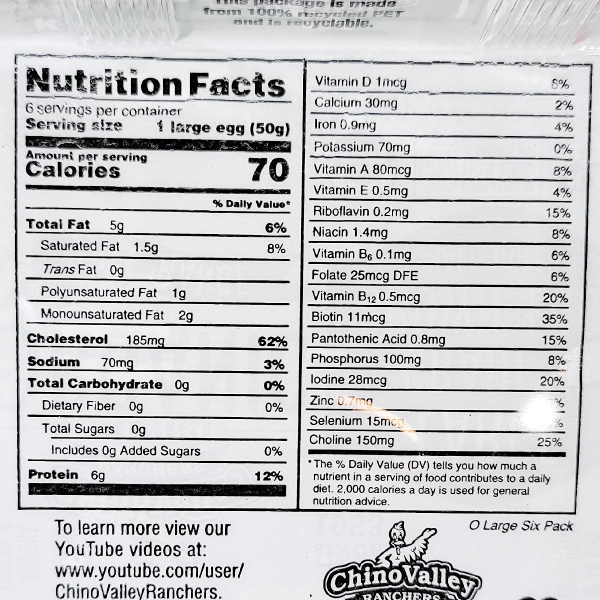 Nutrition Facts panel for large eggs pack, listing calories and nutrients
