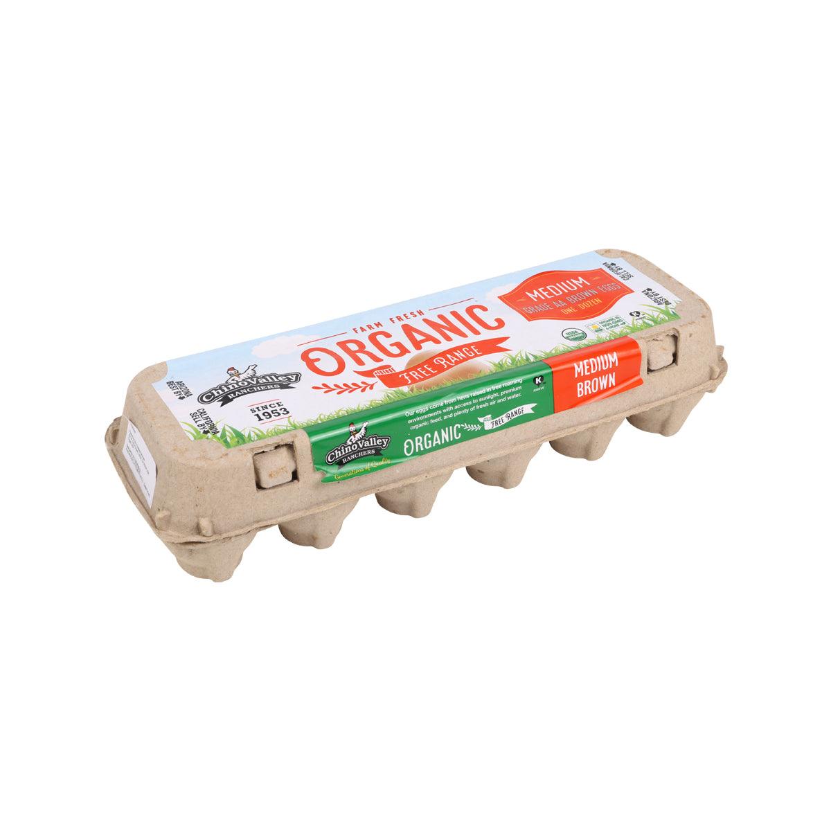 CHINO VALLEY organic free-range eggs carton showing medium grade, side view.