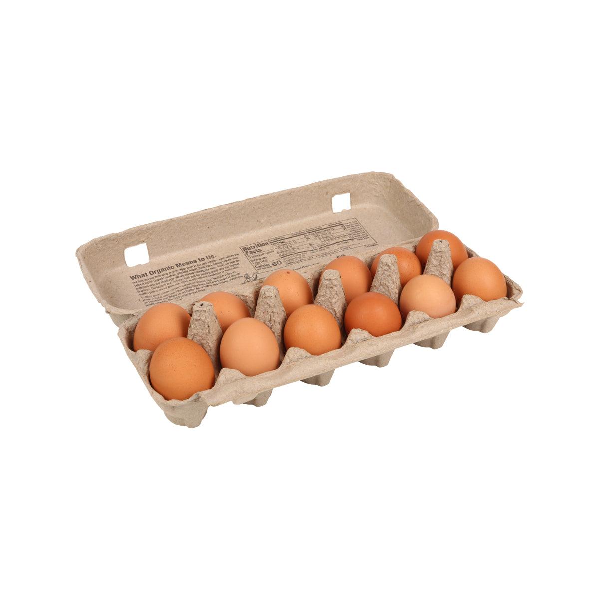 Open egg carton with medium brown eggs, CHINO VALLEY organic free-range.