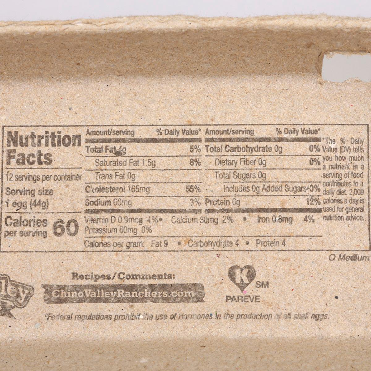 Egg carton nutrition facts label for medium organic free-range eggs.
