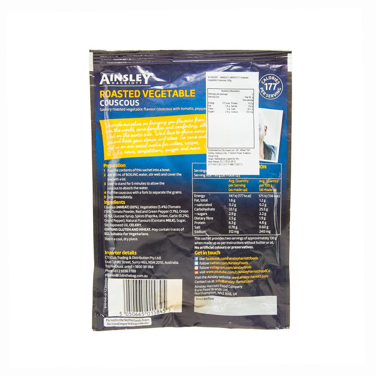 AINSLEY HARRIOTT roasted vegetable couscous sachet with ingredients and cooking info