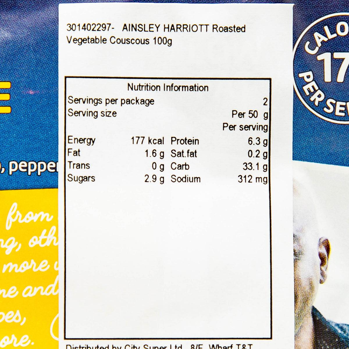 AINSLEY HARRIOTT roasted vegetable couscous nutrition information panel, 100g