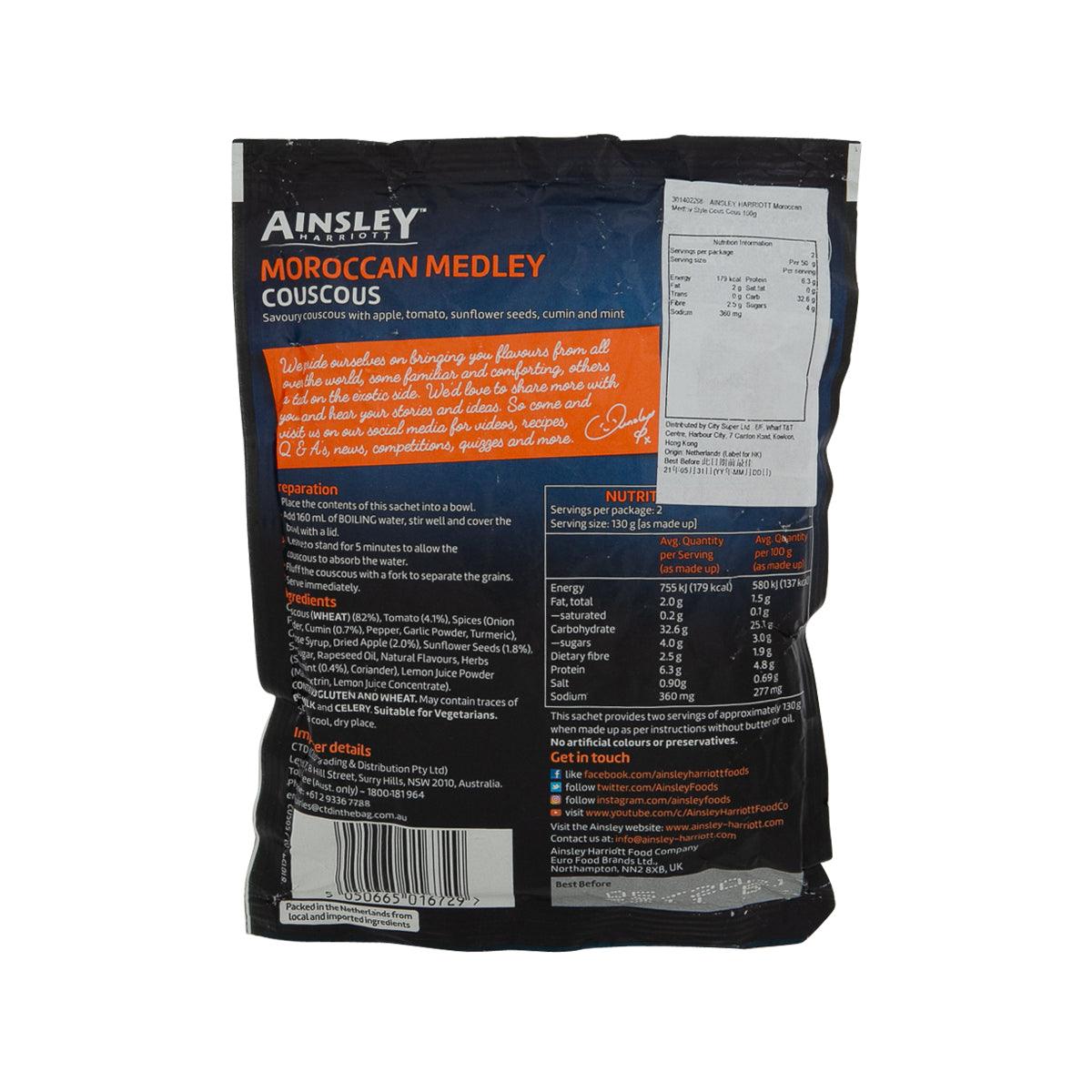 AINSLEY HARRIOTT Moroccan medley couscous pouch back, ingredients and nutrition table