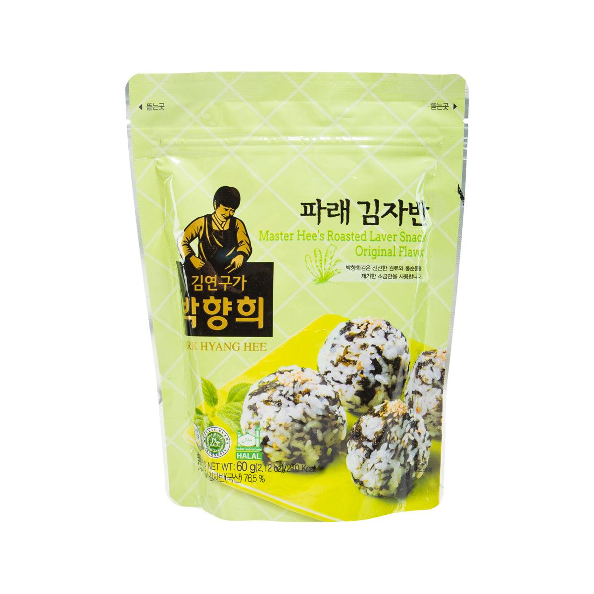 Roasted laver snack pouch, green bag with seaweed snack photo and Korean text