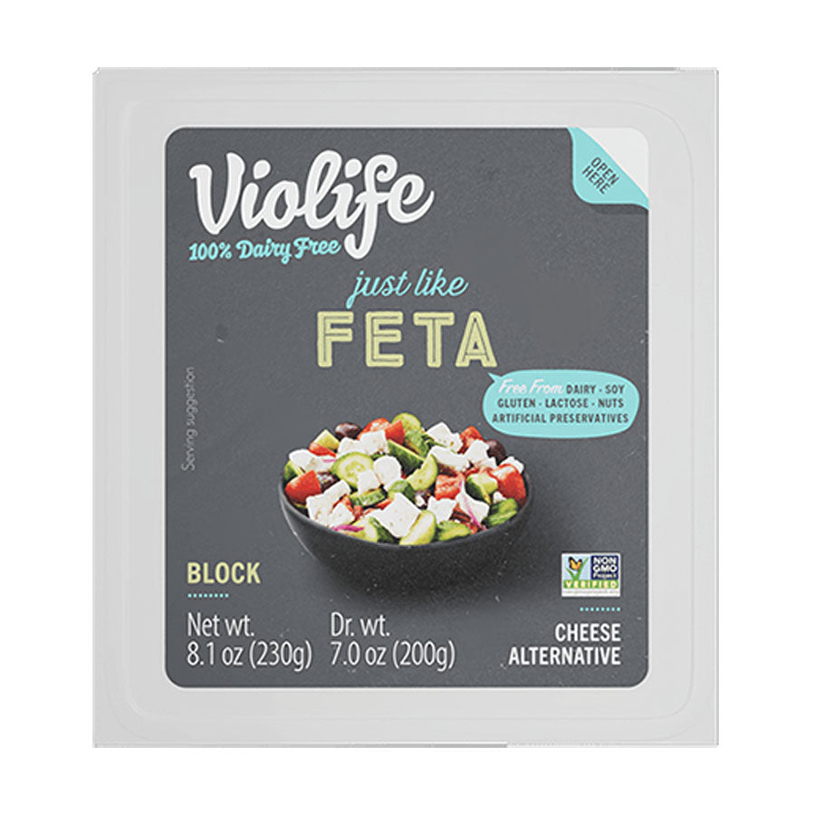 VioLife vegan feta cheese alternative block in sealed package, 230 g