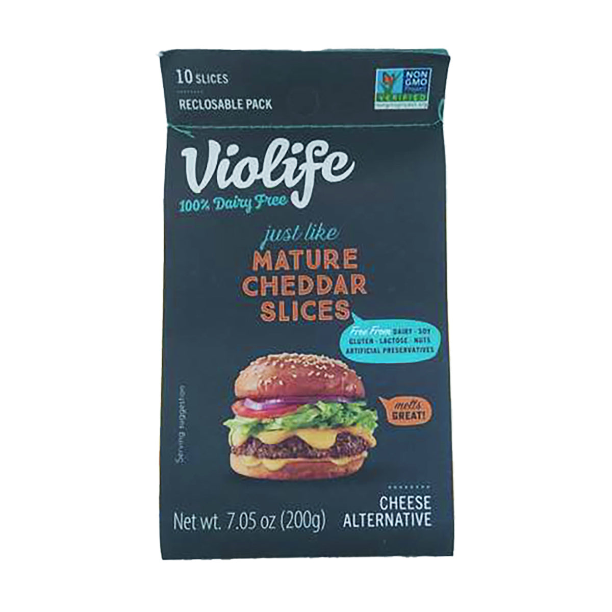 Violife vegan cheddar slices pack, 10 slices, 200g cheese alternative package