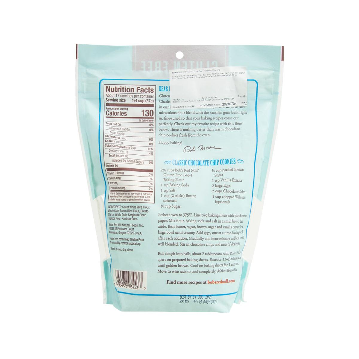 BOB'S RED MILL gluten-free baking flour pouch with nutrition facts panel, 624g