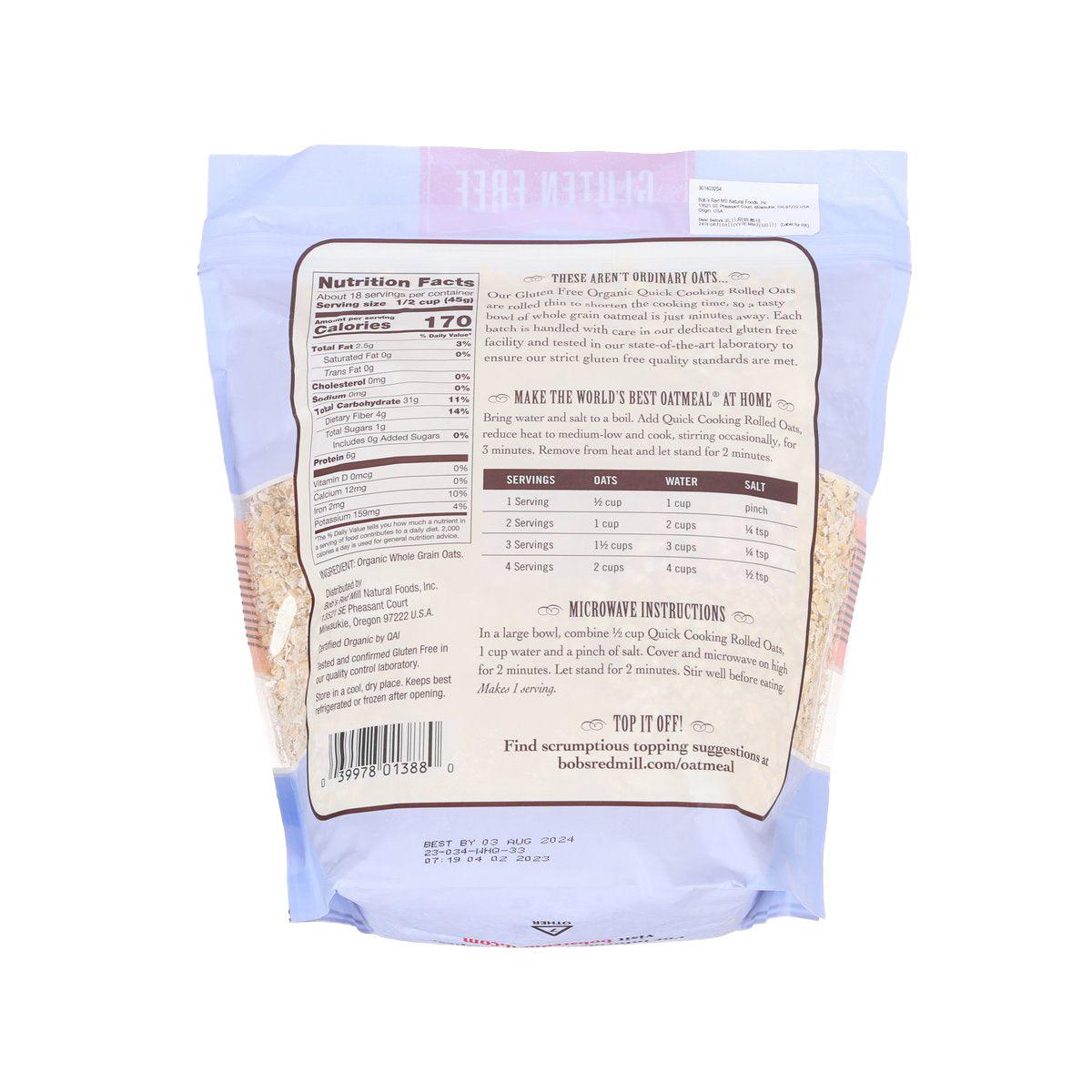 BOB'S RED MILL gluten-free organic rolled oats pouch, back nutrition label