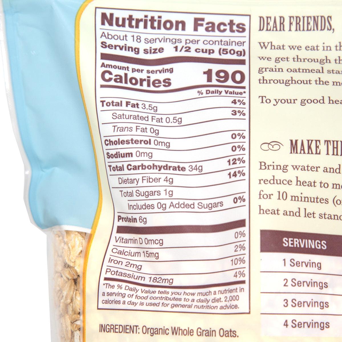 Nutrition Facts label on BOB'S RED MILL organic extra thick rolled oats bag