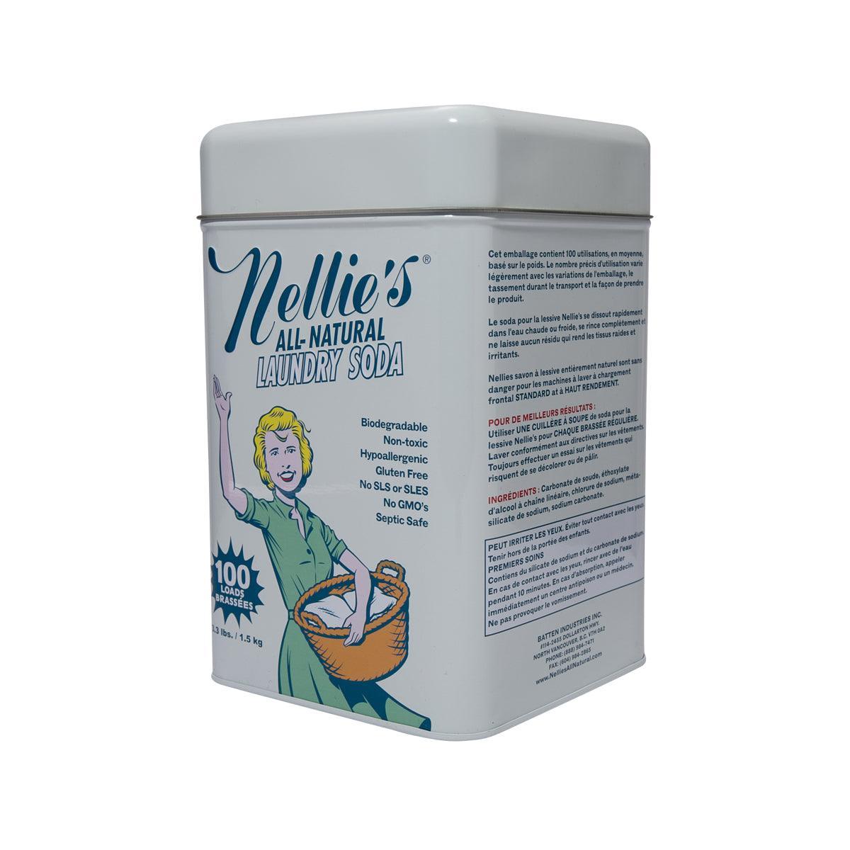 NELLIE'S all-natural laundry soda tin, side/back label with product information text