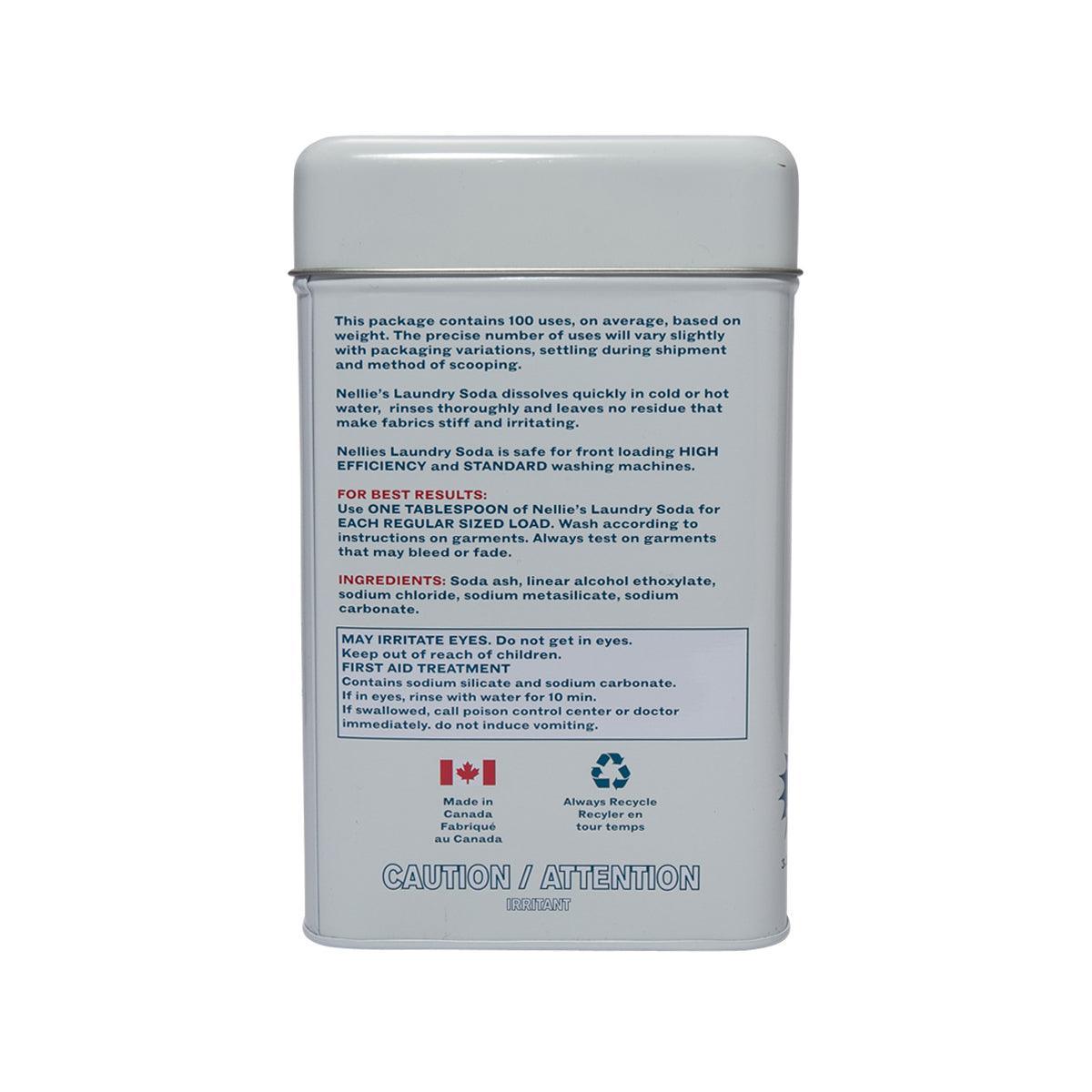 NELLIE'S all-natural laundry soda tin, back warning cautions and recycling icons