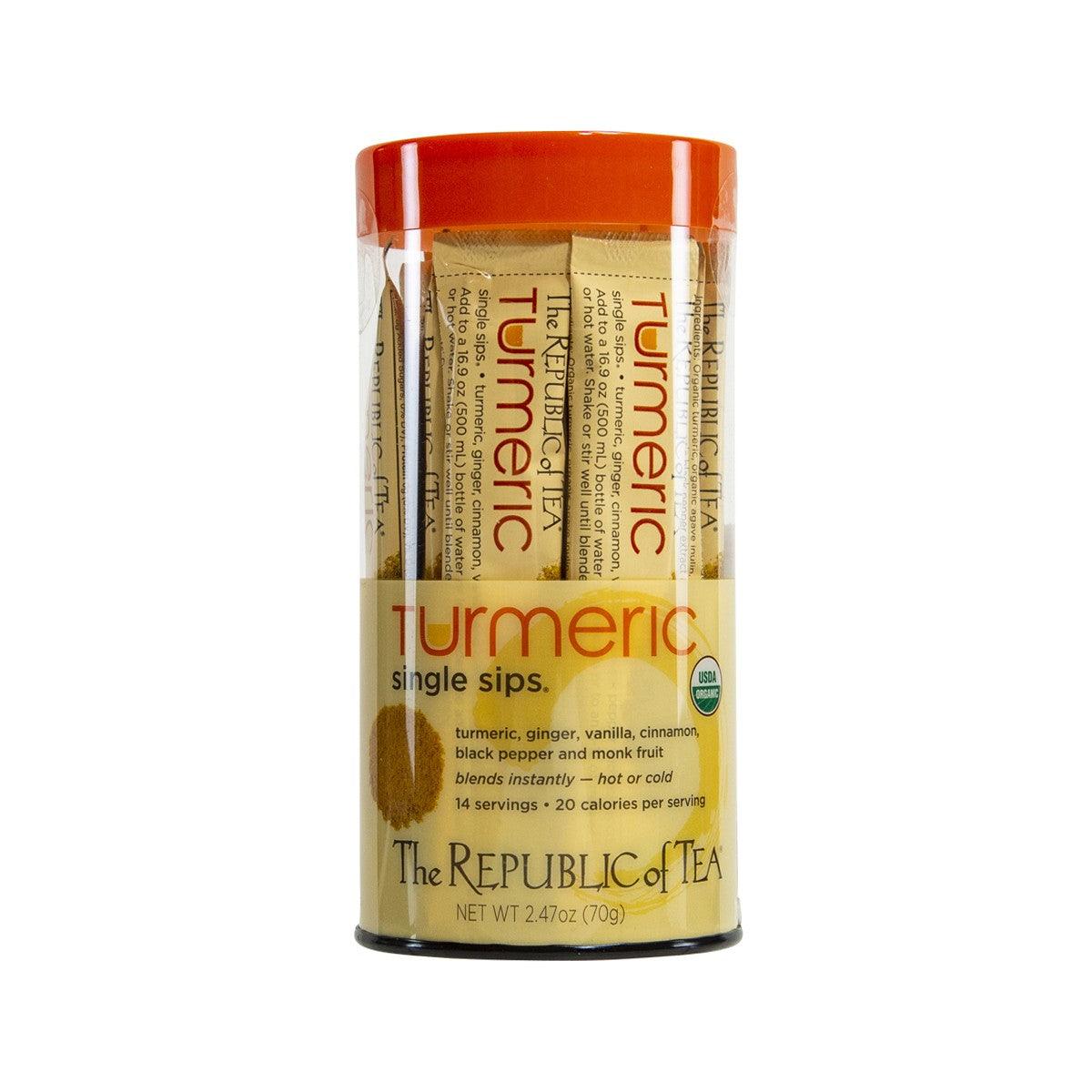 Organic turmeric single sips drink mix canister, orange top with front label
