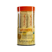 Organic turmeric single sips drink mix canister, orange top with front label