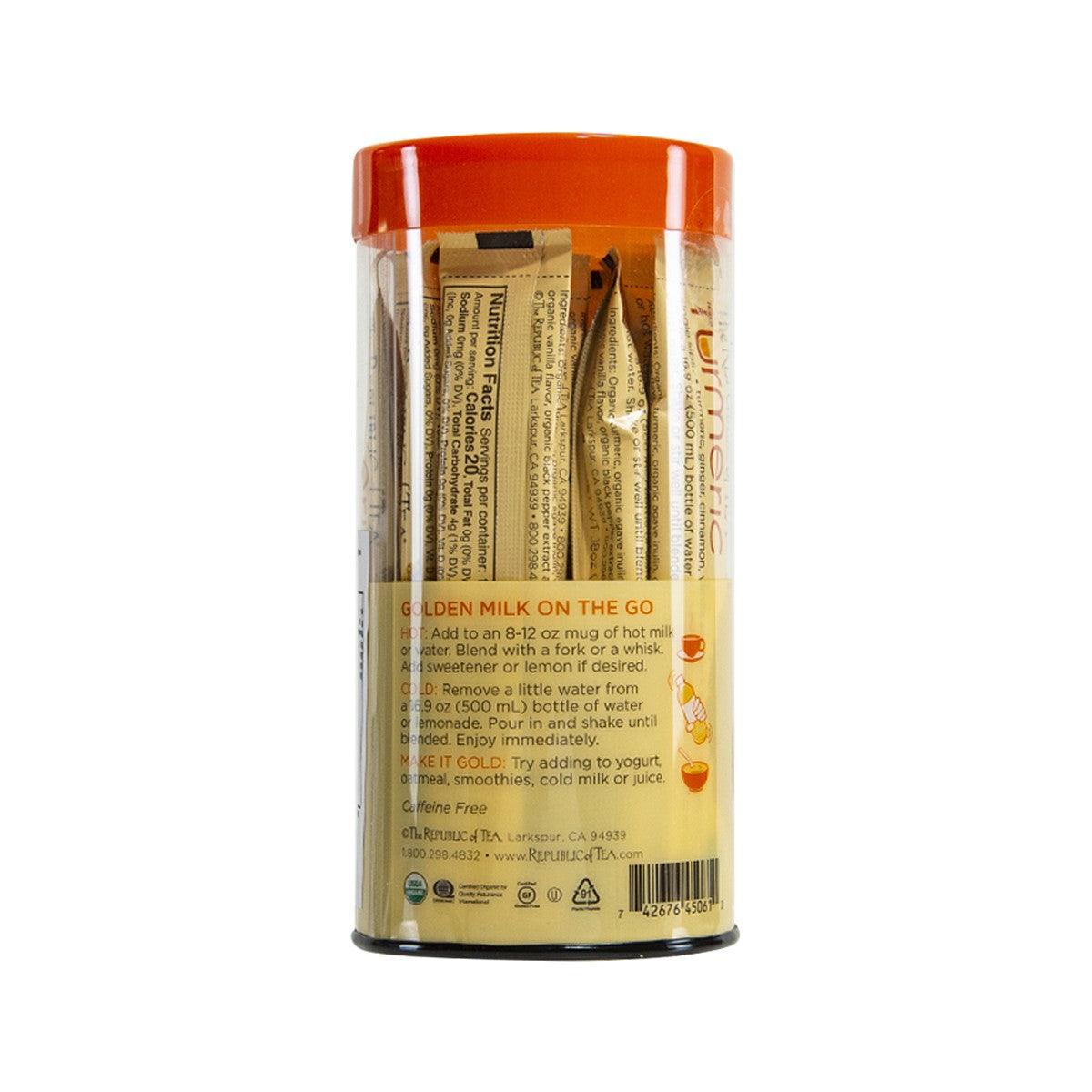 Organic turmeric single sips drink mix canister, back label with directions