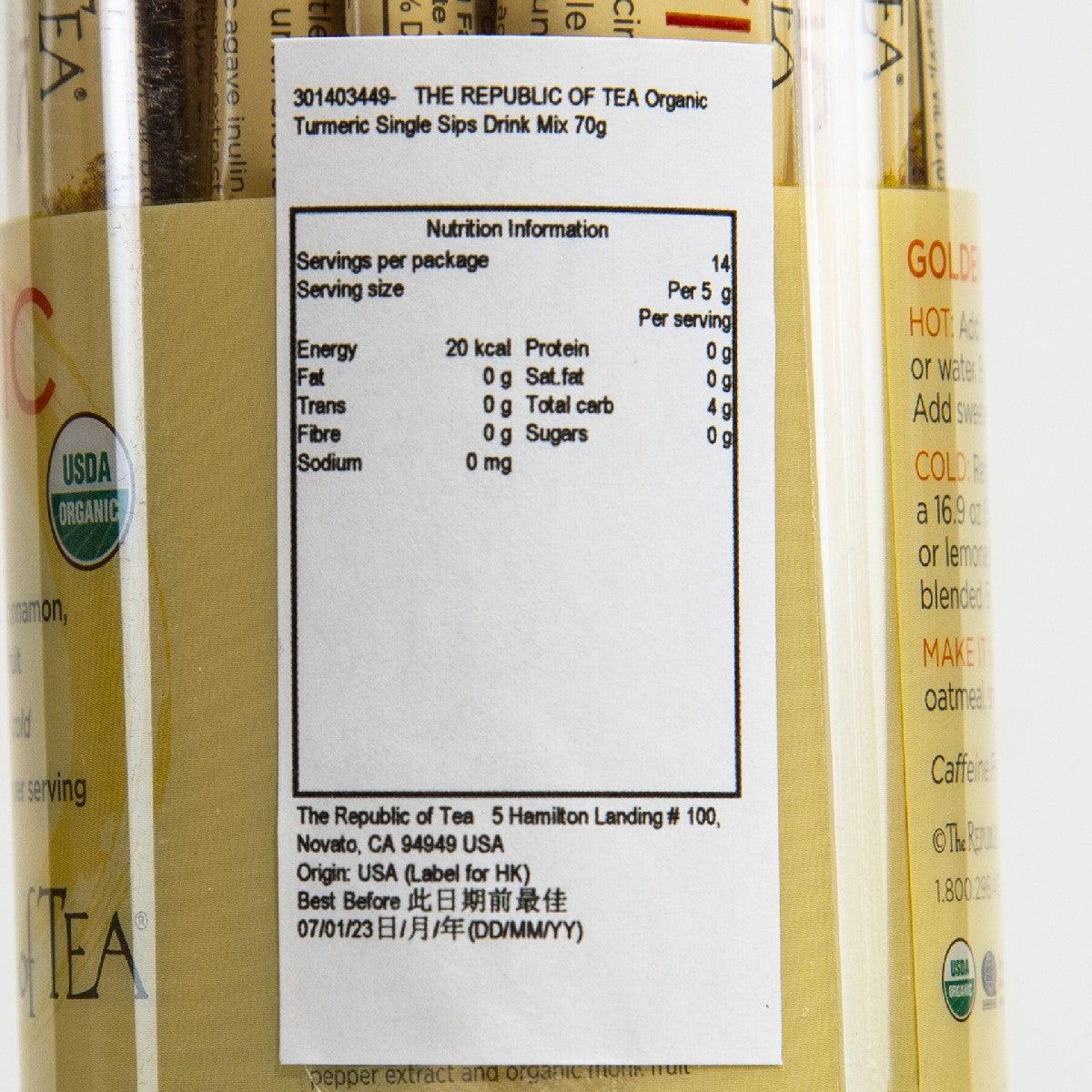 Organic turmeric drink mix nutrition facts panel on canister label
